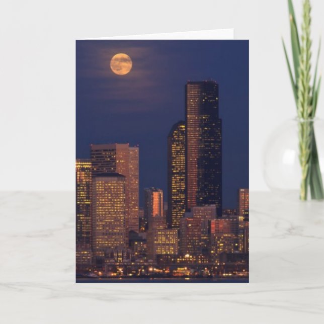 Full moon rising over downtown Seattle skyline Card (Front)