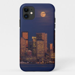 Full moon rising over downtown Seattle skyline iPhone 11 Case