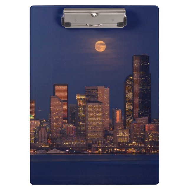 Full moon rising over downtown Seattle skyline Clipboard (Front)