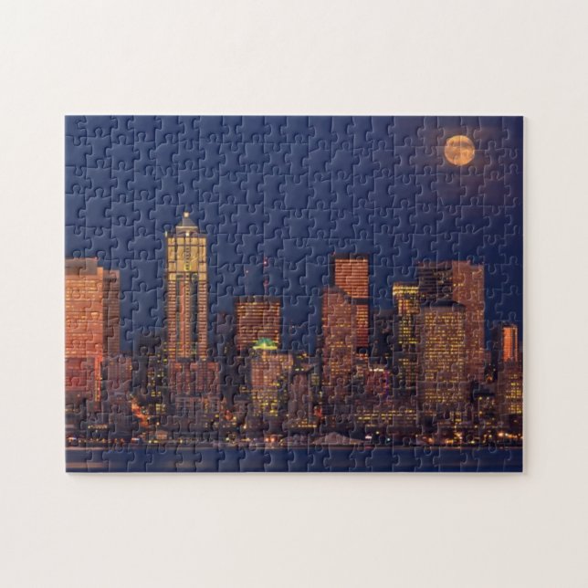 Full moon rising over downtown Seattle skyline Jigsaw Puzzle (Horizontal)