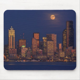 Full moon rising over downtown Seattle skyline Mouse Mat