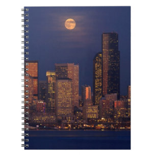 Full moon rising over downtown Seattle skyline Notebook