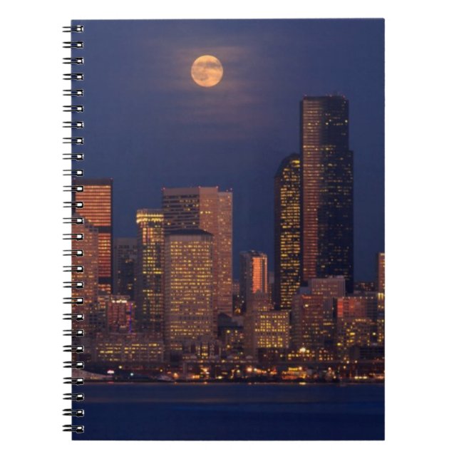 Full moon rising over downtown Seattle skyline Notebook (Front)