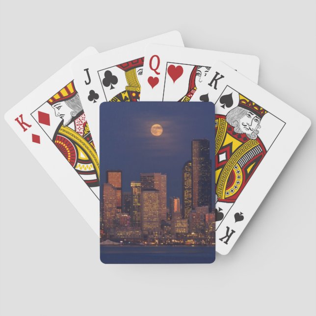 Full moon rising over downtown Seattle skyline Playing Cards (Back)