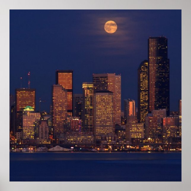 Full moon rising over downtown Seattle skyline Poster (Front)