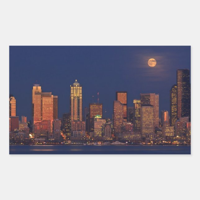 Full moon rising over downtown Seattle skyline Rectangular Sticker (Front)