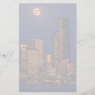 Full moon rising over downtown Seattle skyline Stationery
