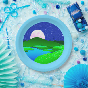 Full Moon Rising Over Green Hills Paper Plate