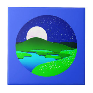 Full Moon Rising Over Green Hills   Tile