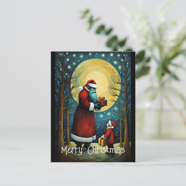 Full Moon Santa With Kid Christmas Gift Postcard (Standing Front)