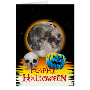 Full Moon, Skull and Blue Pumpkin at Night Card