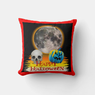 Full Moon, Skull and Blue Pumpkin at Night. Cushion