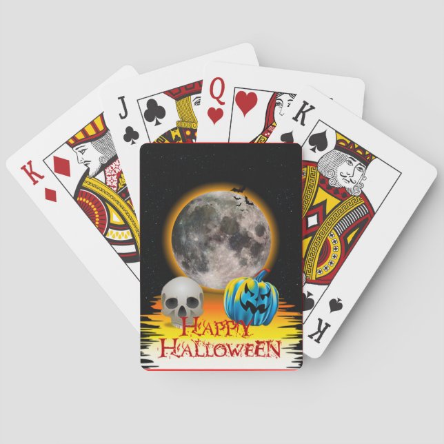 Full Moon, Skull and Blue Pumpkin at Night. Playing Cards (Back)