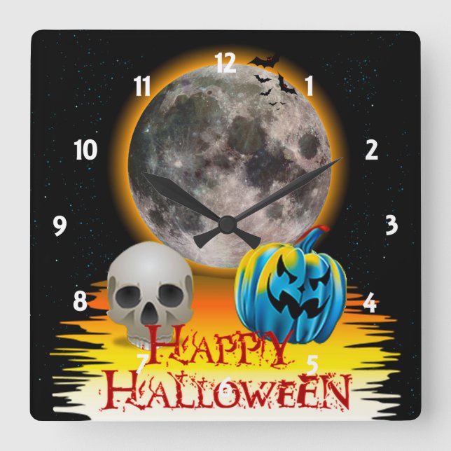Full Moon, Skull and Blue Pumpkin at Night. Square Wall Clock (Front)