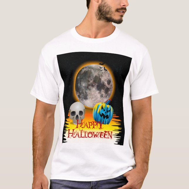 Full Moon, Skull and Blue Pumpkin at Night. T-Shirt (Front)