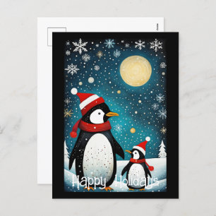 Full Moon Snowy Winter Santa Penguin Christmas Holiday Postcard