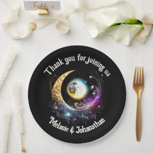 Full moon starry night sky celestial magenta paper plate
