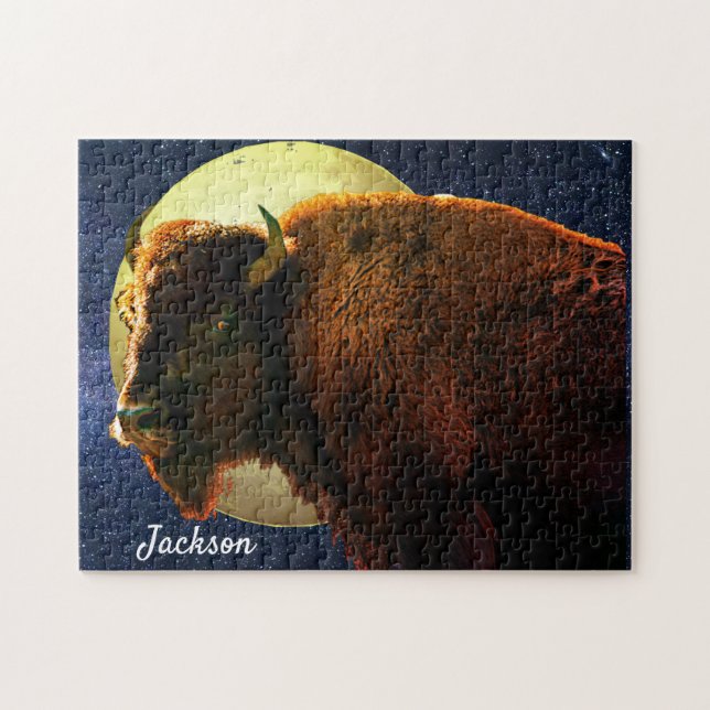 Full Moon, Starry Sky & Buffalo Bull  Jigsaw Puzzle (Horizontal)