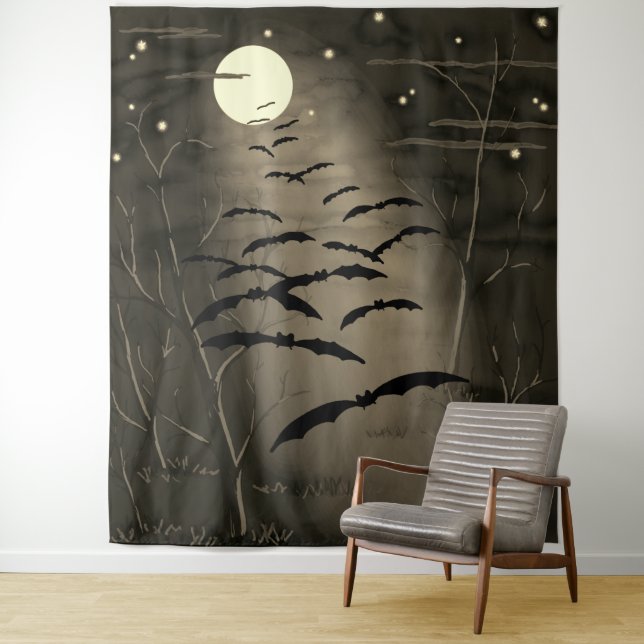 Full Moon Stars Flying Bats Vintage Halloween Tapestry (In Situ)