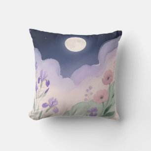 Full Moon Watercolor Iris Floral Night Cushion