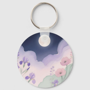 Full Moon Watercolor Iris Floral Night Key Ring