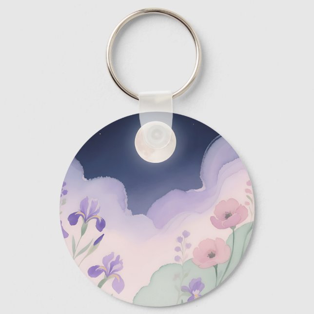 Full Moon Watercolor Iris Floral Night Key Ring (Front)