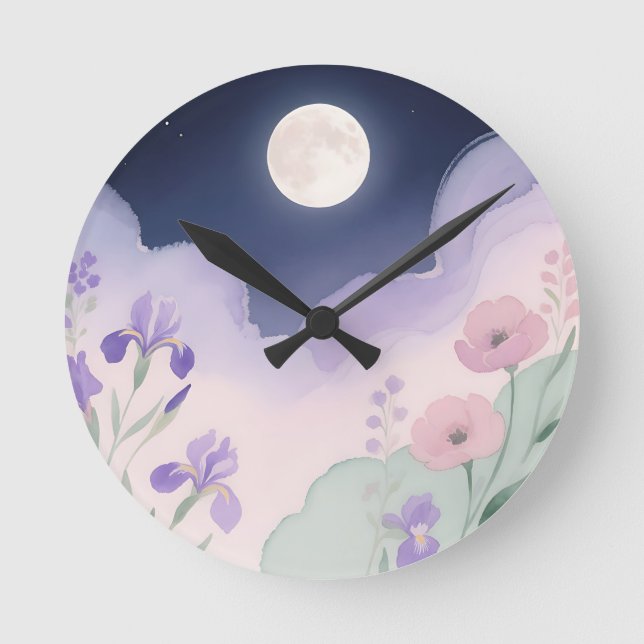 Full Moon Watercolor Iris Floral Night Round Clock (Front)