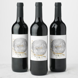 Full Moon Wildflower Gold Watercolor Wedding  Wine Label