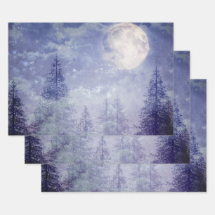Full Moon Winter Pine Tree Forest Wrapping Paper Sheet
