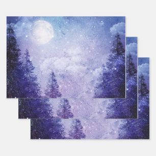 Full Moon Winter Purple Forest Wrapping Paper Sheet