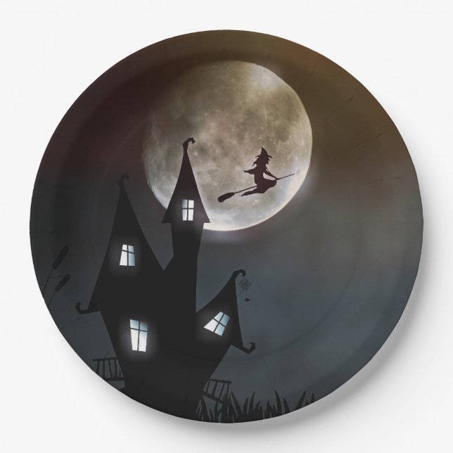 Full Moon Witch Halloween Paper Plate (Front)