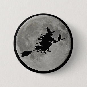 FULL MOON WITCH ON BROOM Halloween Witch  BUTTON