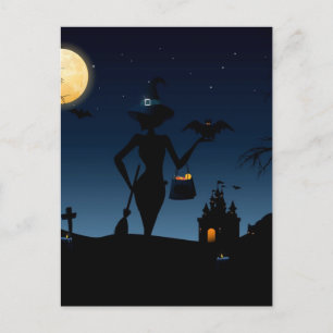 Full Moon, Witch With A Broom And A Diamond Hat Postcard