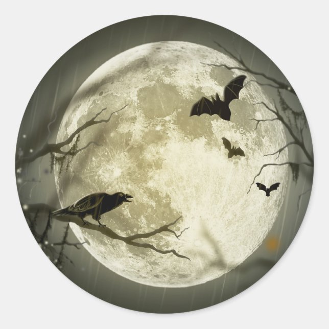 Full Moon with a Crow and Bats Classic Round Sticker (Front)