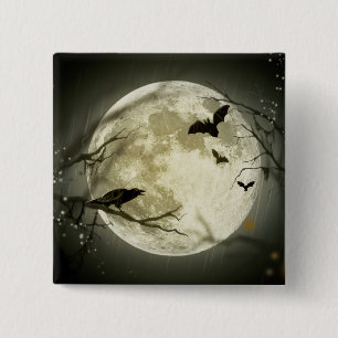 Full Moon with bats and Raven 15 Cm Square Badge
