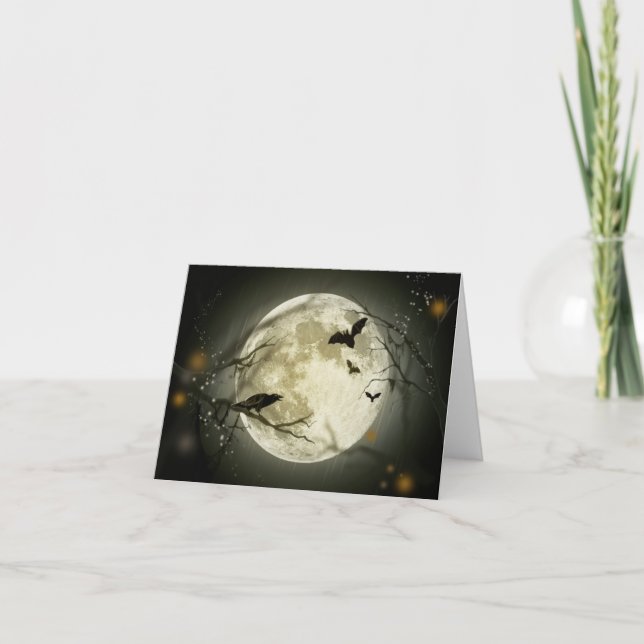 Full Moon with bats and Raven. Card (Front)