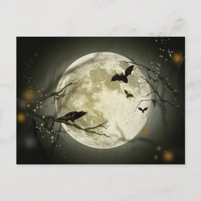 Full Moon with bats and Raven Postcard (Front)