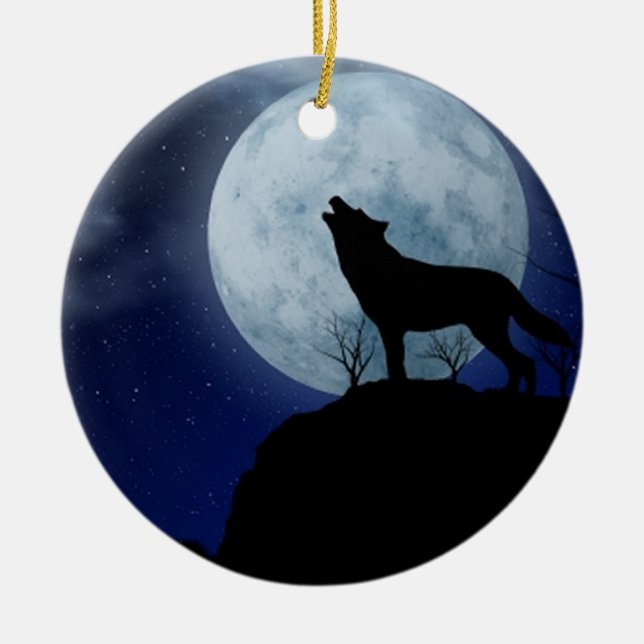 Full Moon Wolf Ceramic Tree Decoration (Front)