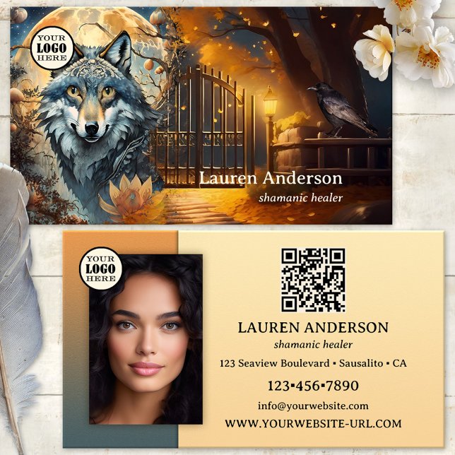 Full Moon Wolf Logo QR Code Shaman Business Card (Business card featuring an artistic design with a wolf at full moon with a gate and raven - shaman)