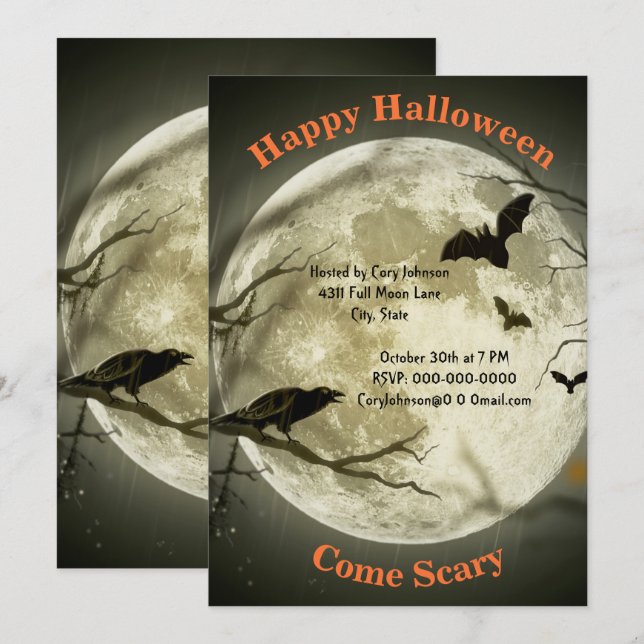 Full Moonlight Night, Black Crow, Bats, Halloween Invitation (Front/Back)