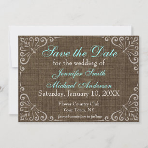 Full Name Vintage Rustic Burlap Blue Save the Date