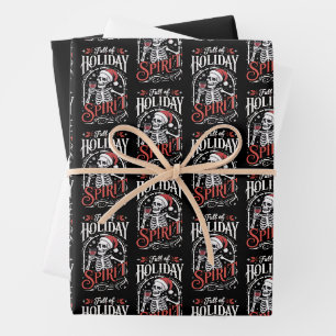 Full Of Holiday Spirit Xmas Skeleton Drinking Wine Wrapping Paper Sheet