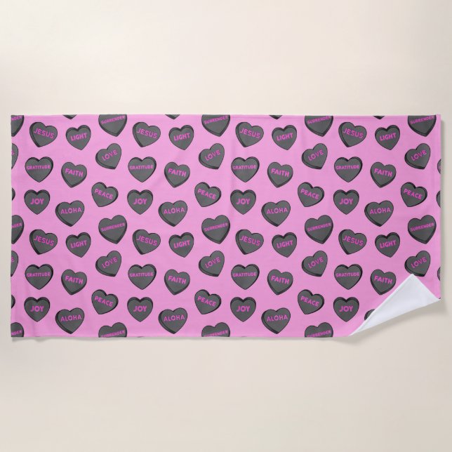 Full of Love Hearts Pattern black pink Beach Towel (Front)