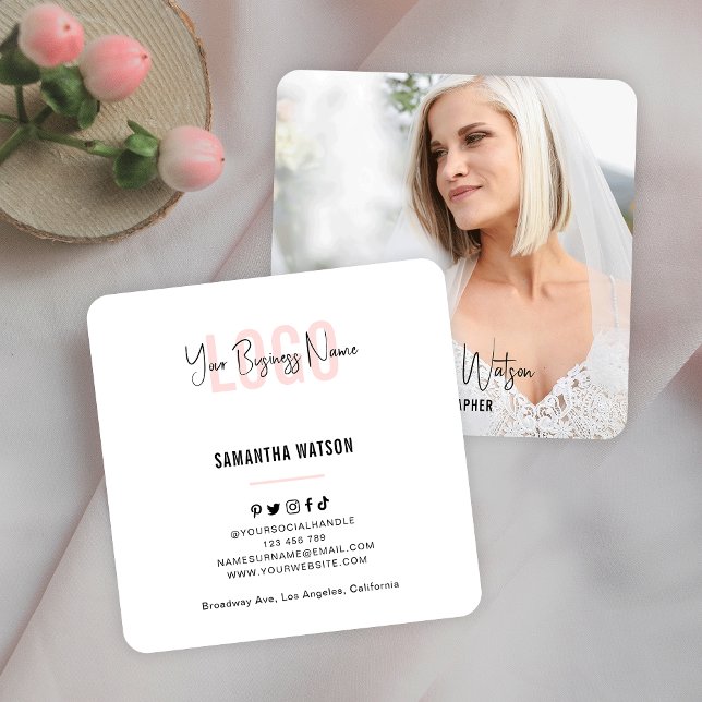 Full Photo Blush Pink Feminine Trendy Photographer Square Business Card (Creator Uploaded)