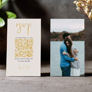 Full photo, gold QR code and script wedding RSVP Enclosure Card
