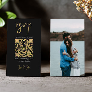 Full photo gold QR code black wedding RSVP Enclosure Card