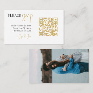 Full photo, gold QR code white wedding RSVP Enclosure Card