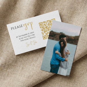 Full photo, gold QR code white wedding RSVP Enclosure Card