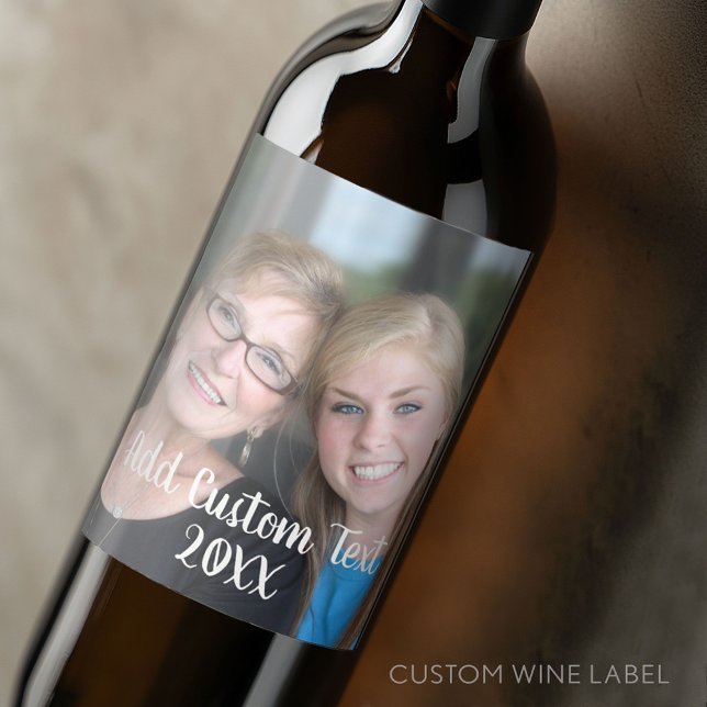 Full Photo Layout with a Modern White Script Text Wine Label (Custom Wine Bottle Label - Personalize a Sticker for a fun gift or memento)