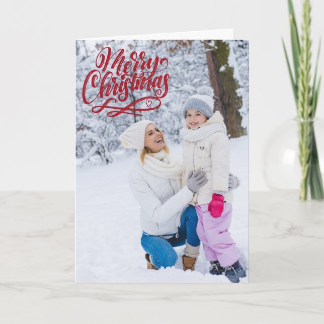 Full Photo Merry Christmas Red Script Overlay Holiday Card (Front)